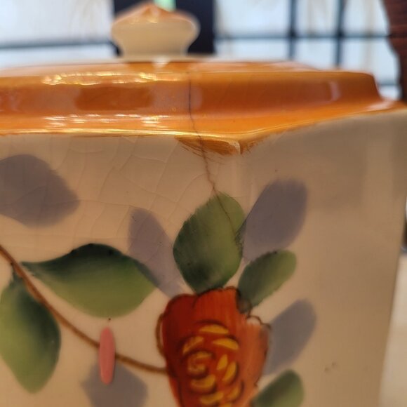 Vintage Iridescent Floral Lustre Ware Biscuit Barrel Cookie Jar w/ Rattan Handle - Picture 6 of 9